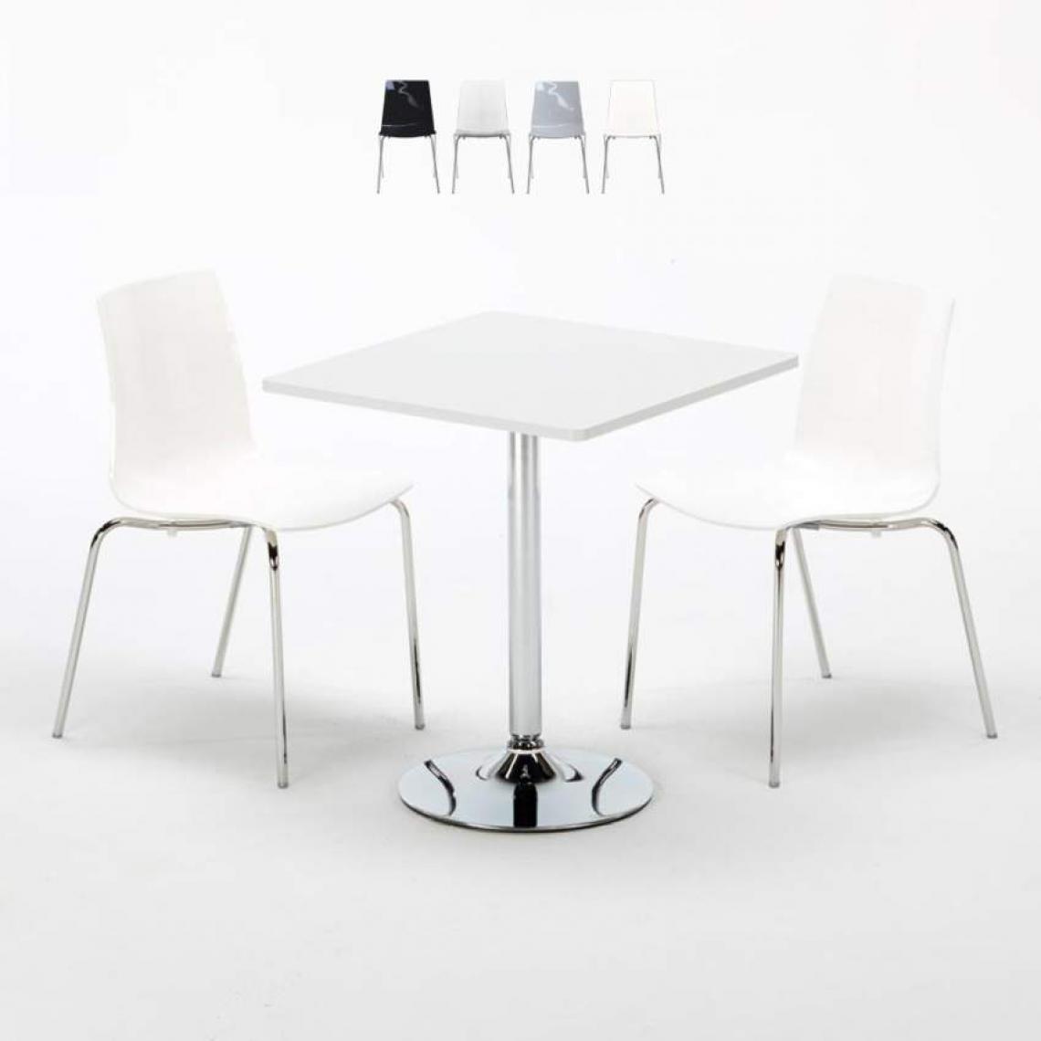 Grand Soleil - Table Carrée Blanche 70x70cm Avec 2 Chaises Colorées Et Transparentes Set Intérieur Bar Café Lollipop Titanium, Couleur: Blanc - Tables à manger