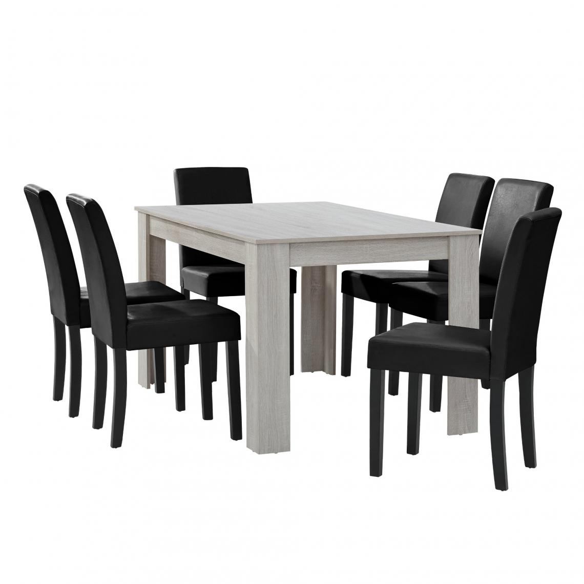 Helloshop26 - Table à manger chêne blanc avec 6 chaises noir cuir-synthétique rembourré 140x90 cm 03_0004042 - Tables à manger