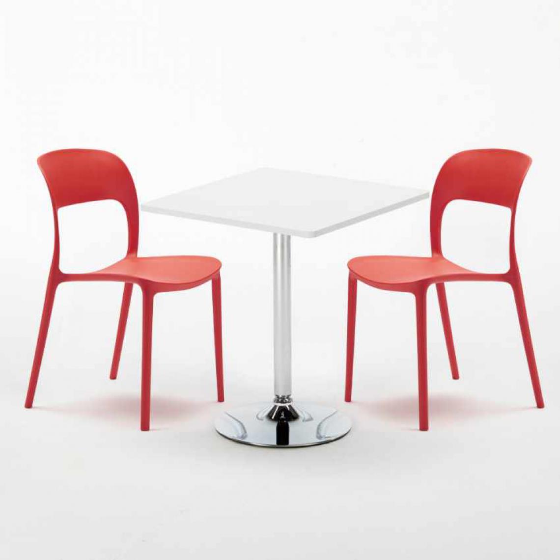 Ahd Amazing Home Design - Table Carrée Blanche 70x70cm Avec 2 Chaises Colorées Set Intérieur Bar Café Restaurant Cocktail, Couleur: Rouge - Tables à manger