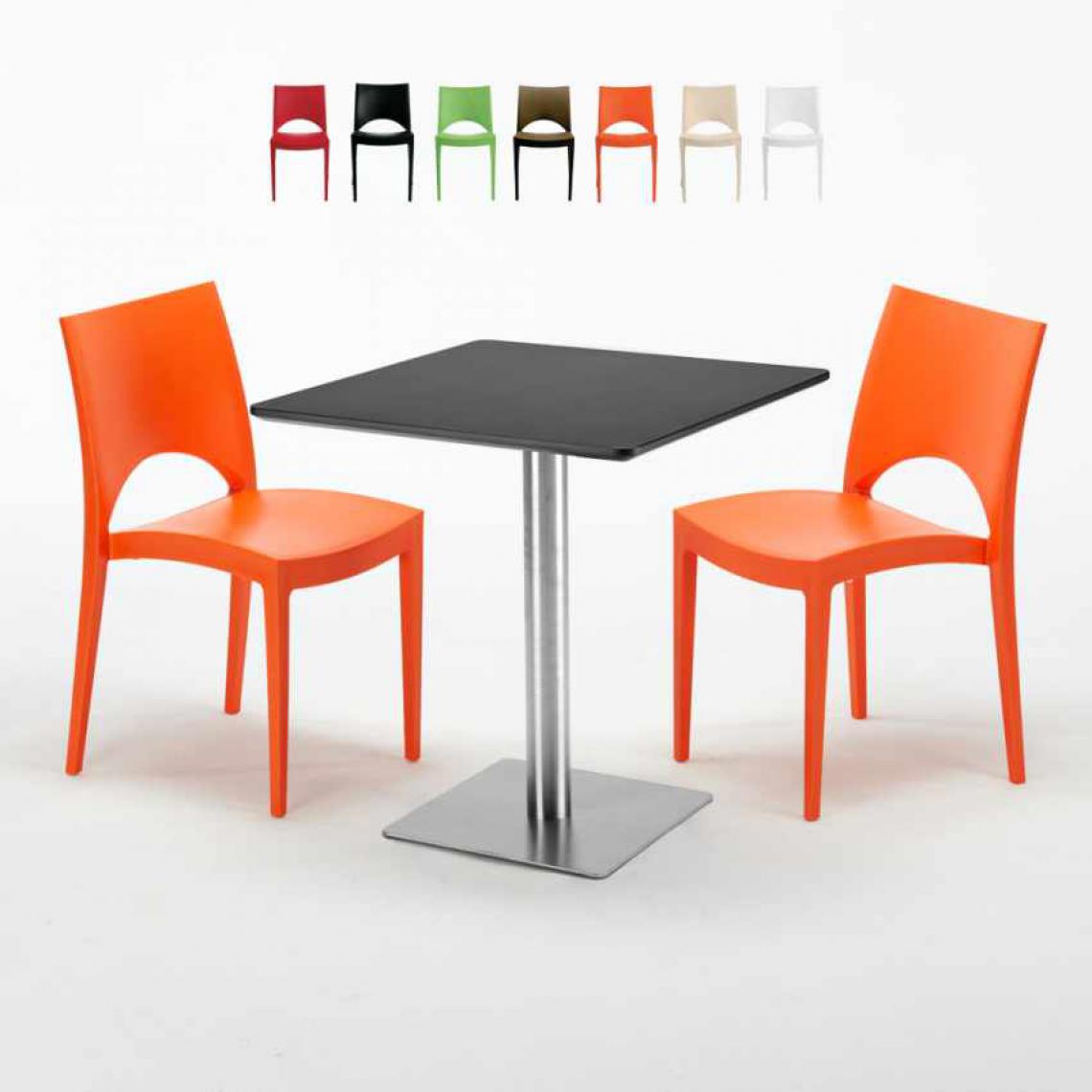 Grand Soleil - Table carrée noire 70x70 avec 2 chaises colorées Paris Rum Raisin, Couleur: Orange - Tables à manger