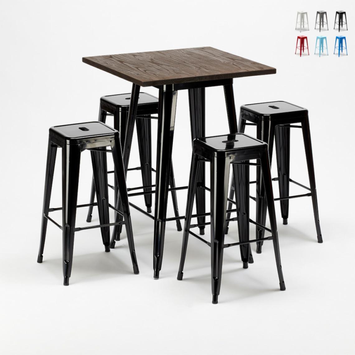 Ahd Amazing Home Design - Ensemble Little Italy table haute et 4 tabourets en métal Tolix style industriel, Couleur: Noir - Tables à manger