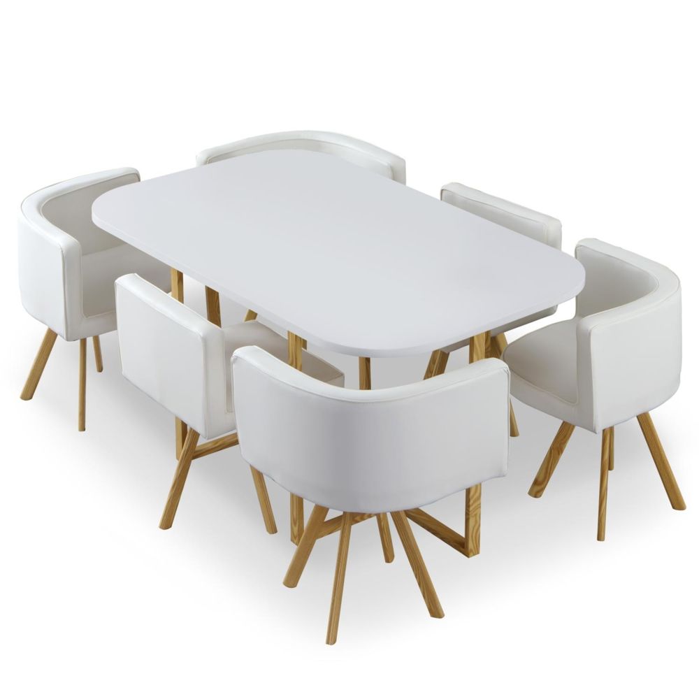 MENZZO - Table et chaises Oslo XL Blanc et Simili Blanc - Tables à manger