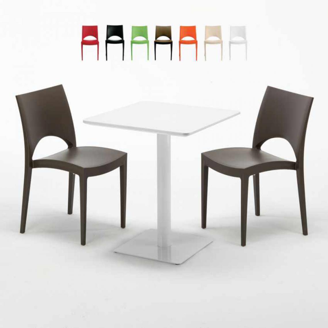 Grand Soleil - Table carrée 60x60 blanche avec 2 chaises colorées Paris Lemon, Couleur: Marron - Tables à manger