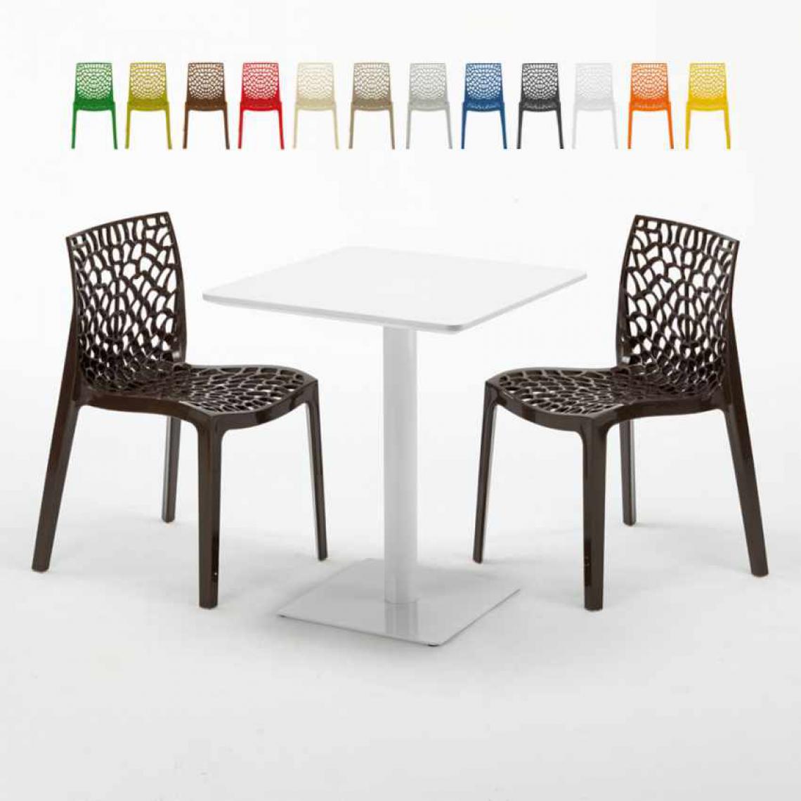 Grand Soleil - Table carrée 60x60 blanche avec 2 chaises colorées Gruvyer Lemon, Couleur: Marron - Tables à manger