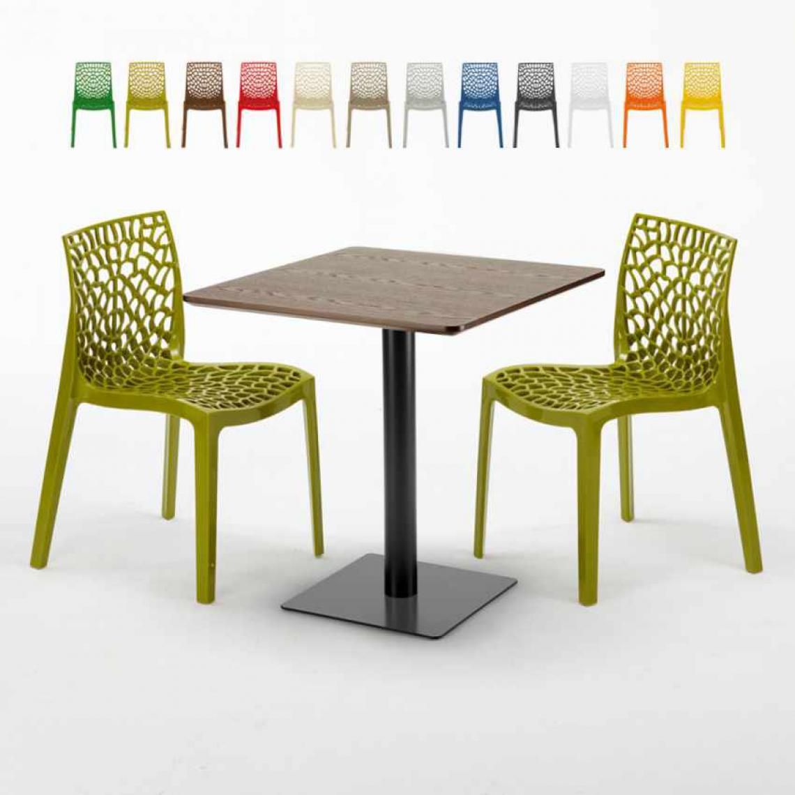 Grand Soleil - Table carrée 70x70 plateau effet bois avec 2 chaises colorées Gruvyer Melon, Couleur: Anis vert - Tables à manger
