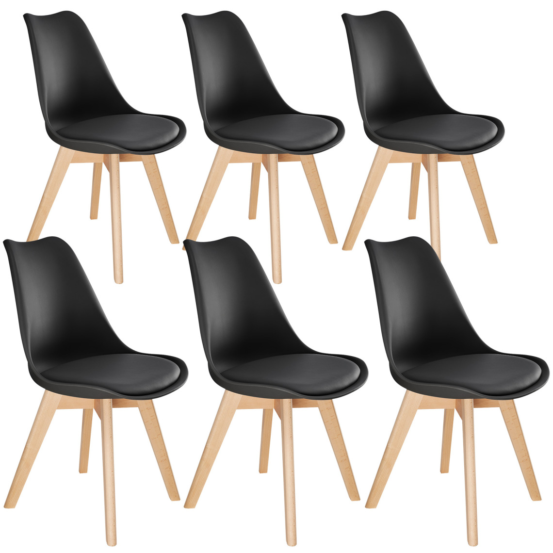 Tectake - 6 Chaises de Salle à Manger FRÉDÉRIQUE Style Scandinave Pieds en Bois Massif Design Moderne - noir - Chaises