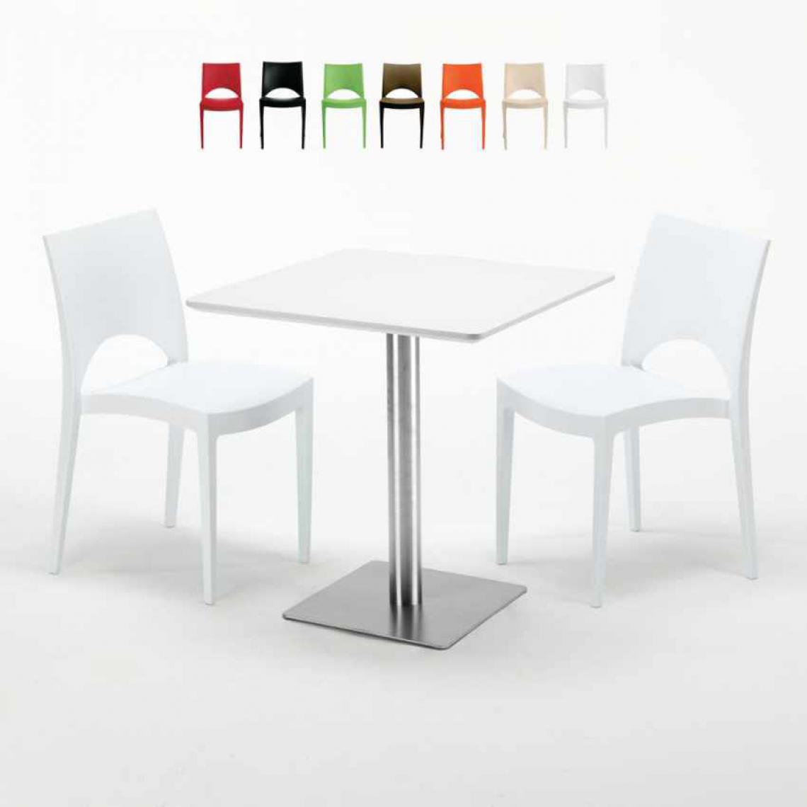 Grand Soleil - Table carrée blanche 70x70 avec pied en acier et 2 chaises colorées Paris Strawberry, Couleur: Blanc - Tables à manger