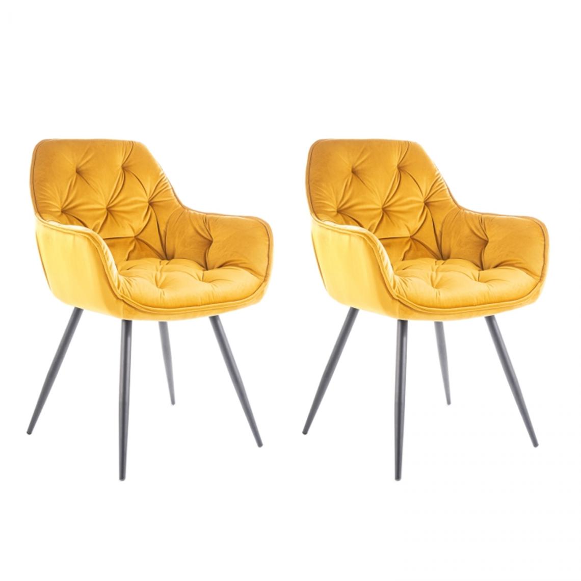 Hucoco - CHERLY - Lot de 2 chaises avec accoudoirs style glamour - 83x45x44cm - Velours + Pieds en métal - Jaune - Chaises