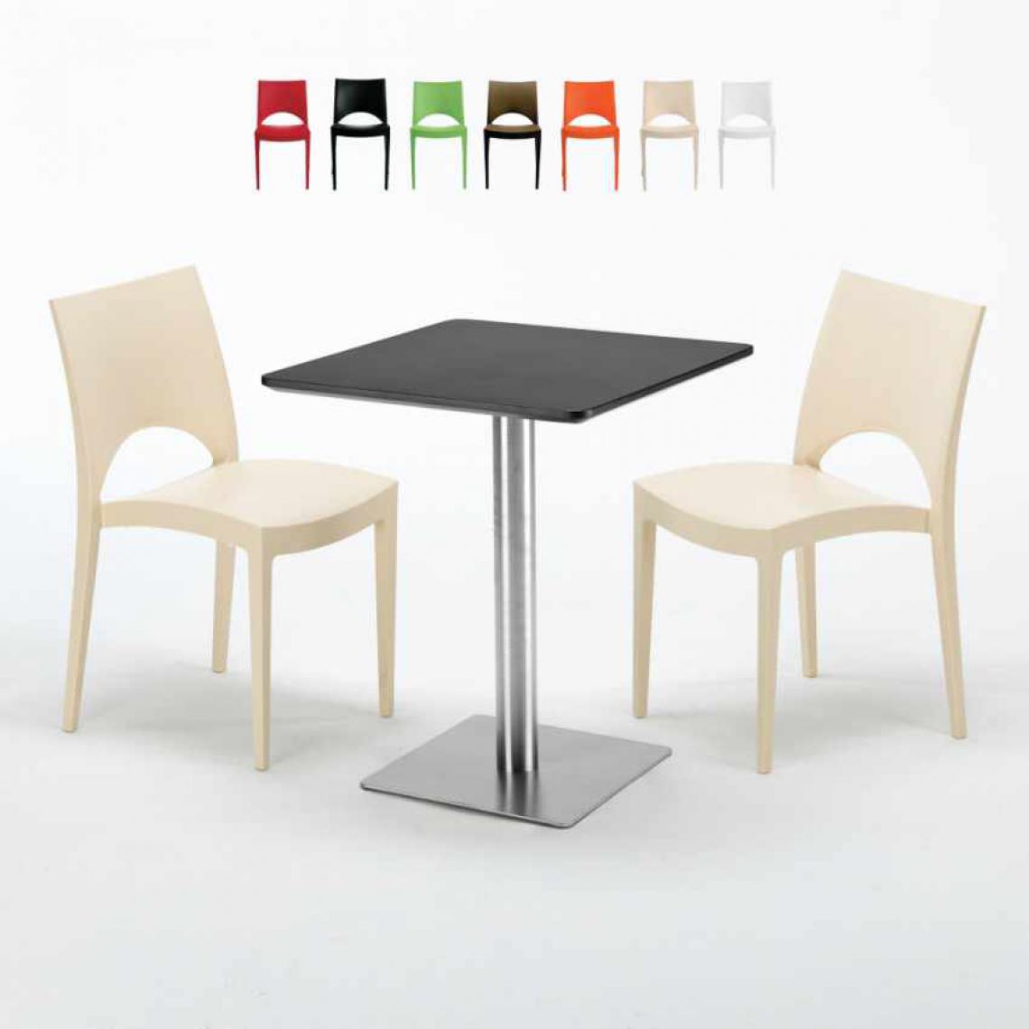 Grand Soleil - Table carrée 60x60 pied acier et plateau noir avec 2 chaises colorées Paris Pistachio, Couleur: Beige - Tables à manger