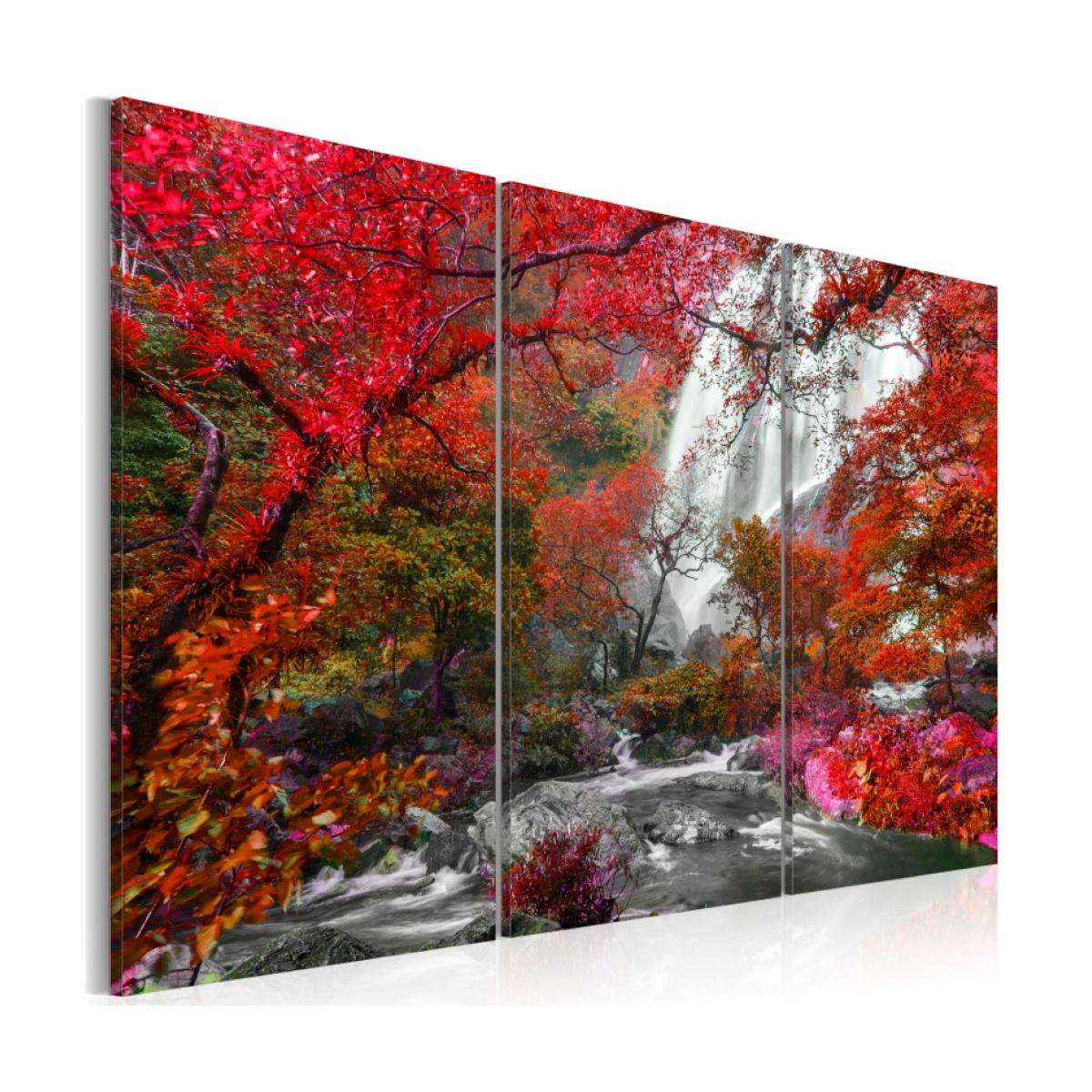 Artgeist - Tableau - Beautiful Waterfall: Autumnal Forest 90x60 - Tableaux, peintures