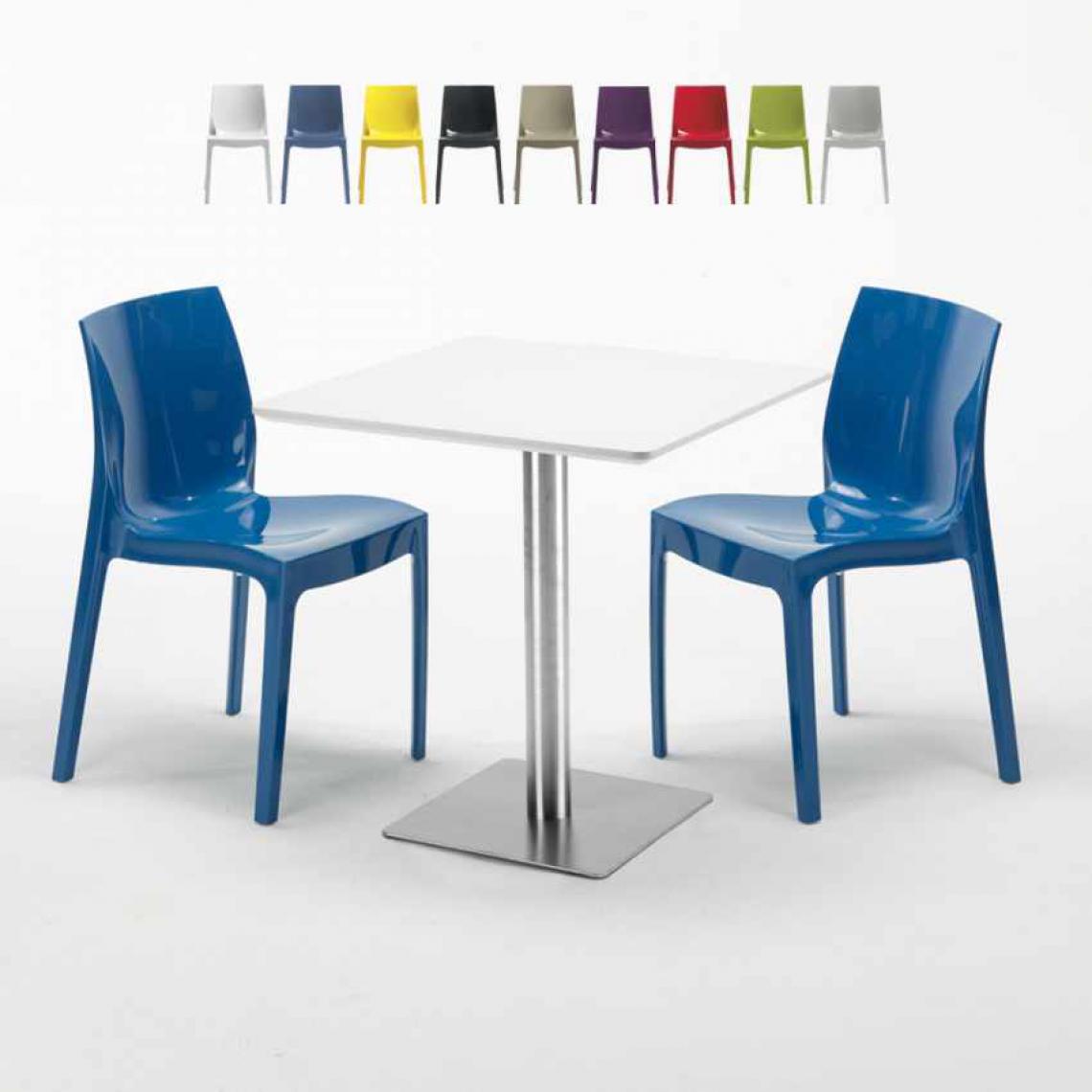 Grand Soleil - Table carrée blanche 70x70 avec pied en acier et 2 chaises colorées Ice Strawberry, Couleur: Bleu - Tables à manger