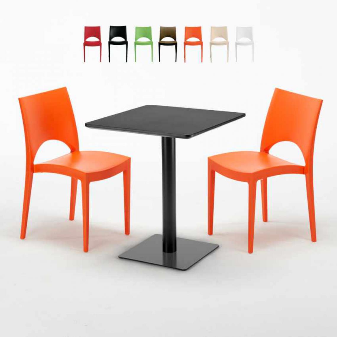 Grand Soleil - Table carrée 60x60 noire avec 2 chaises colorées Paris Licorice, Couleur: Orange - Tables à manger