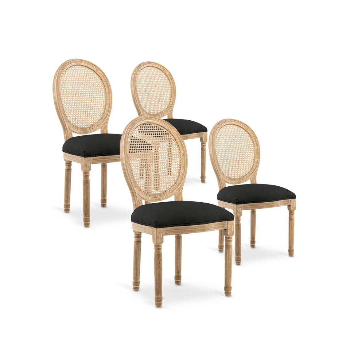 marque generique - Lot de 4 chaises médaillon Louis XVI Cannage Rotin tissu Noir - Chaises