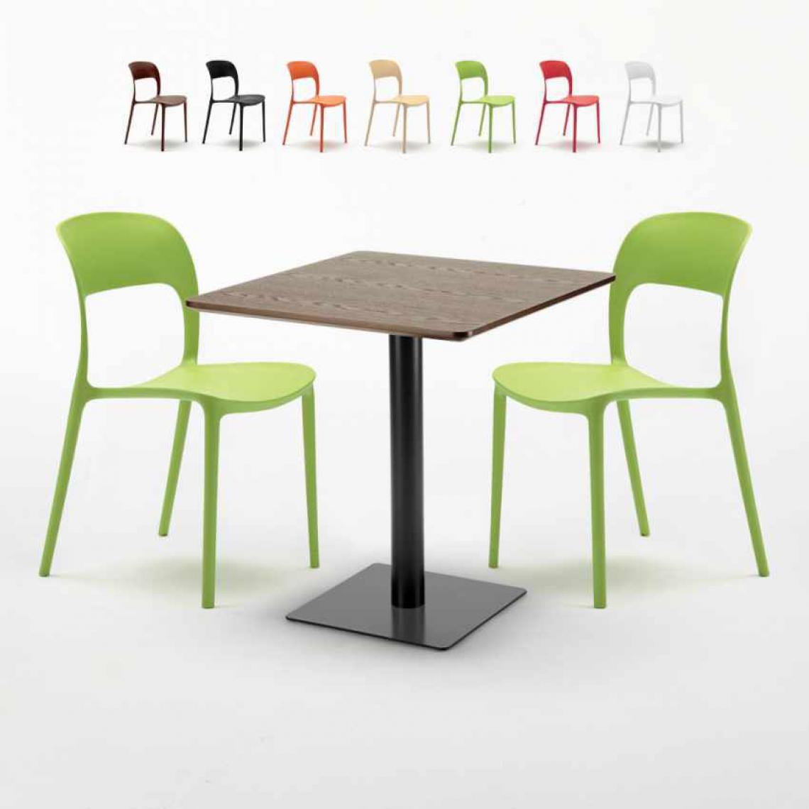 Ahd Amazing Home Design - Table carrée 60x60 pied noir et plateau bois avec 2 chaises colorées Restaurant Kiss, Couleur: Vert - Tables à manger