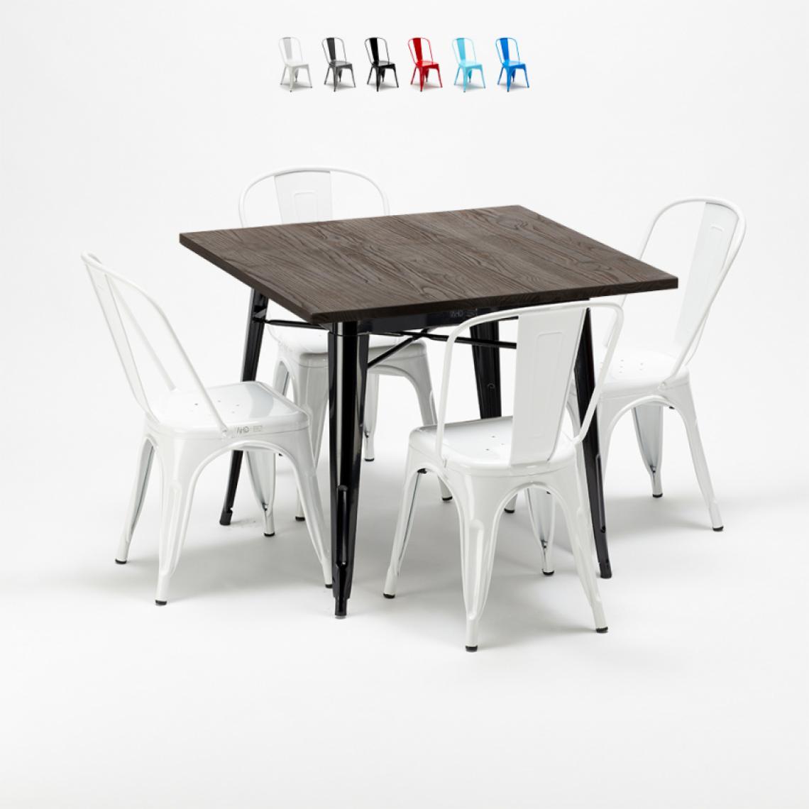 Ahd Amazing Home Design - Set de table carrée en bois et chaises en métal Tolix style industriel West Village, Couleur: Blanc - Tables à manger