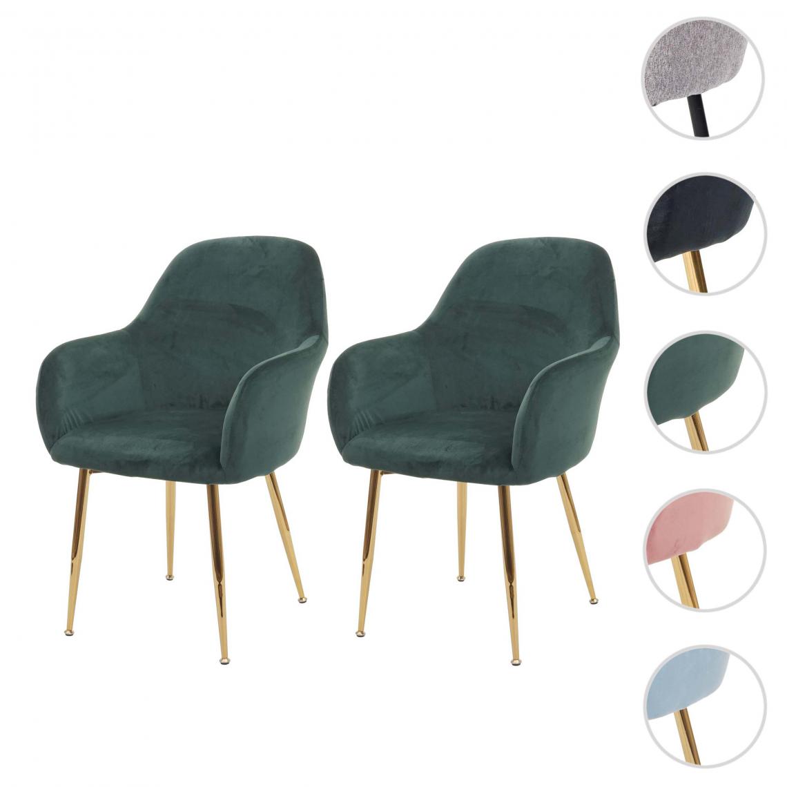 Mendler - 2x chaise de salle à manger HWC-F18, chaise de cuisine, design rétro ~ vert velours, pieds dorés - Chaises