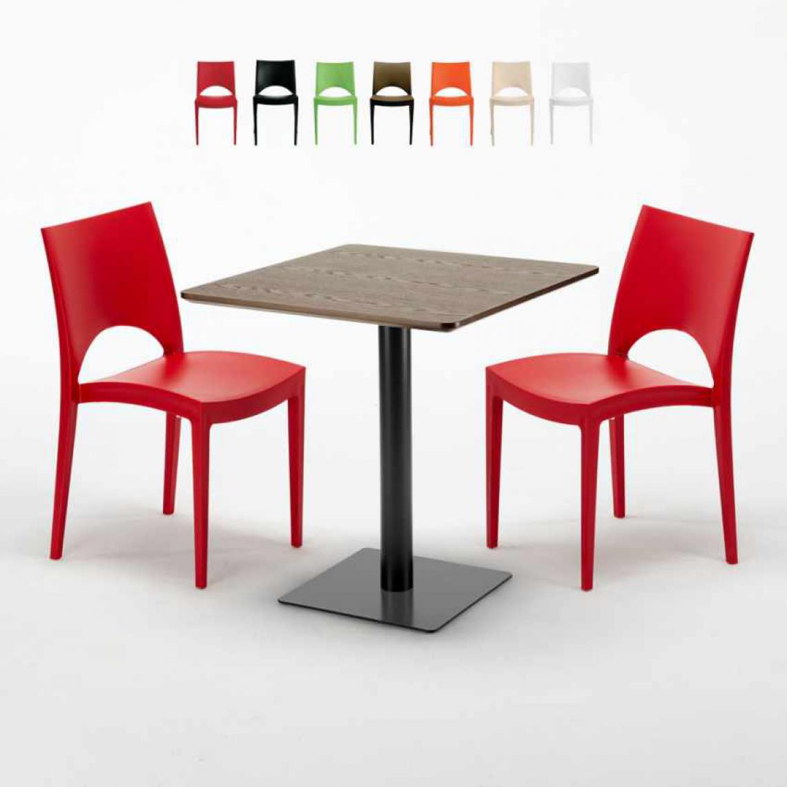 Grand Soleil - Table carrée 70x70 plateau effet bois avec 2 chaises colorées Paris Melon, Couleur: Rouge - Tables à manger