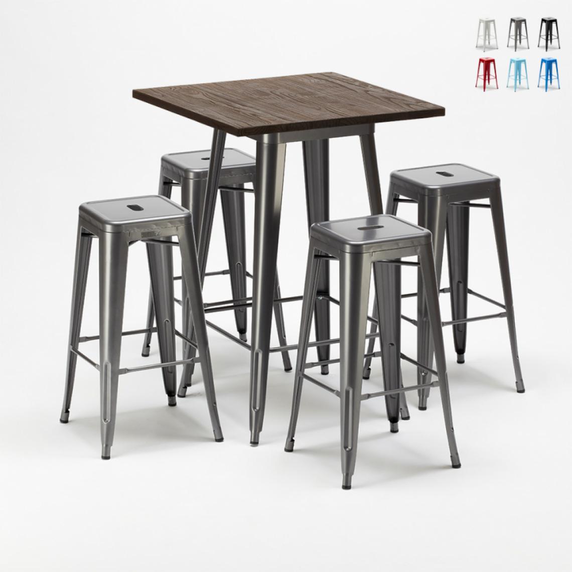 Ahd Amazing Home Design - Ensemble table haute et 4 tabourets en métal Tolix style industriel Williamsburg, Couleur: Gris - Tables à manger