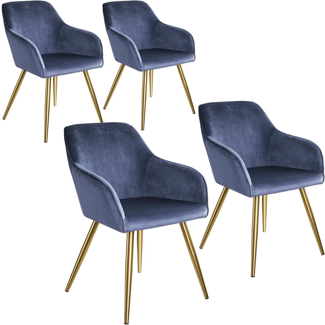 Tectake - 4 Chaises MARILYN Effet Velours Style Scandinave - bleu/or - Chaises