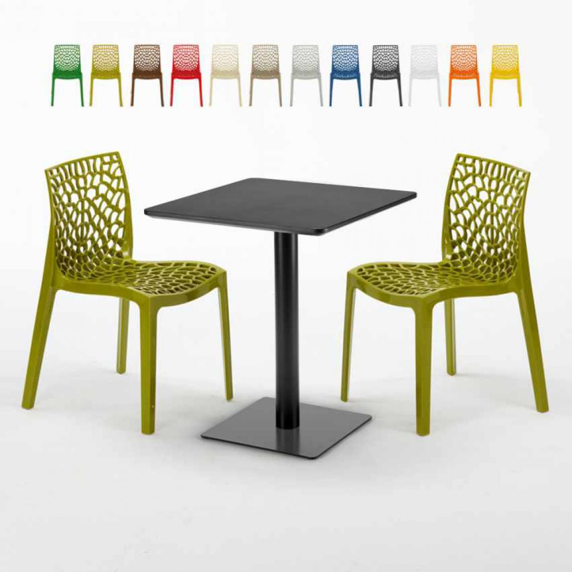 Grand Soleil - Table carrée 60x60 noire avec 2 chaises colorées Gruvyer Licorice, Couleur: Vert foncé - Tables à manger