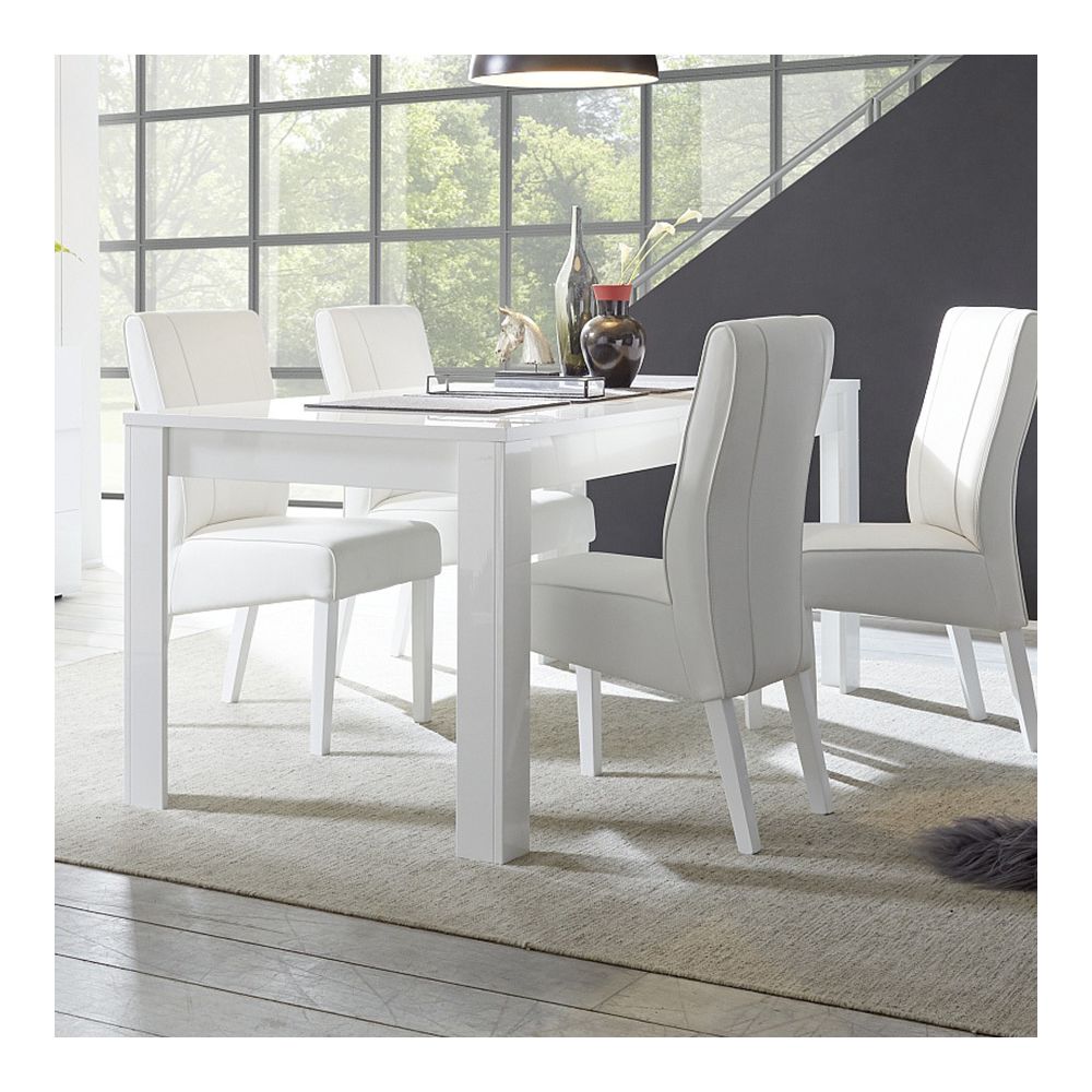 Kasalinea - Table à manger blanc laqué brillant design DOMINOS - L 137 cm - Avec rallonge - Tables à manger