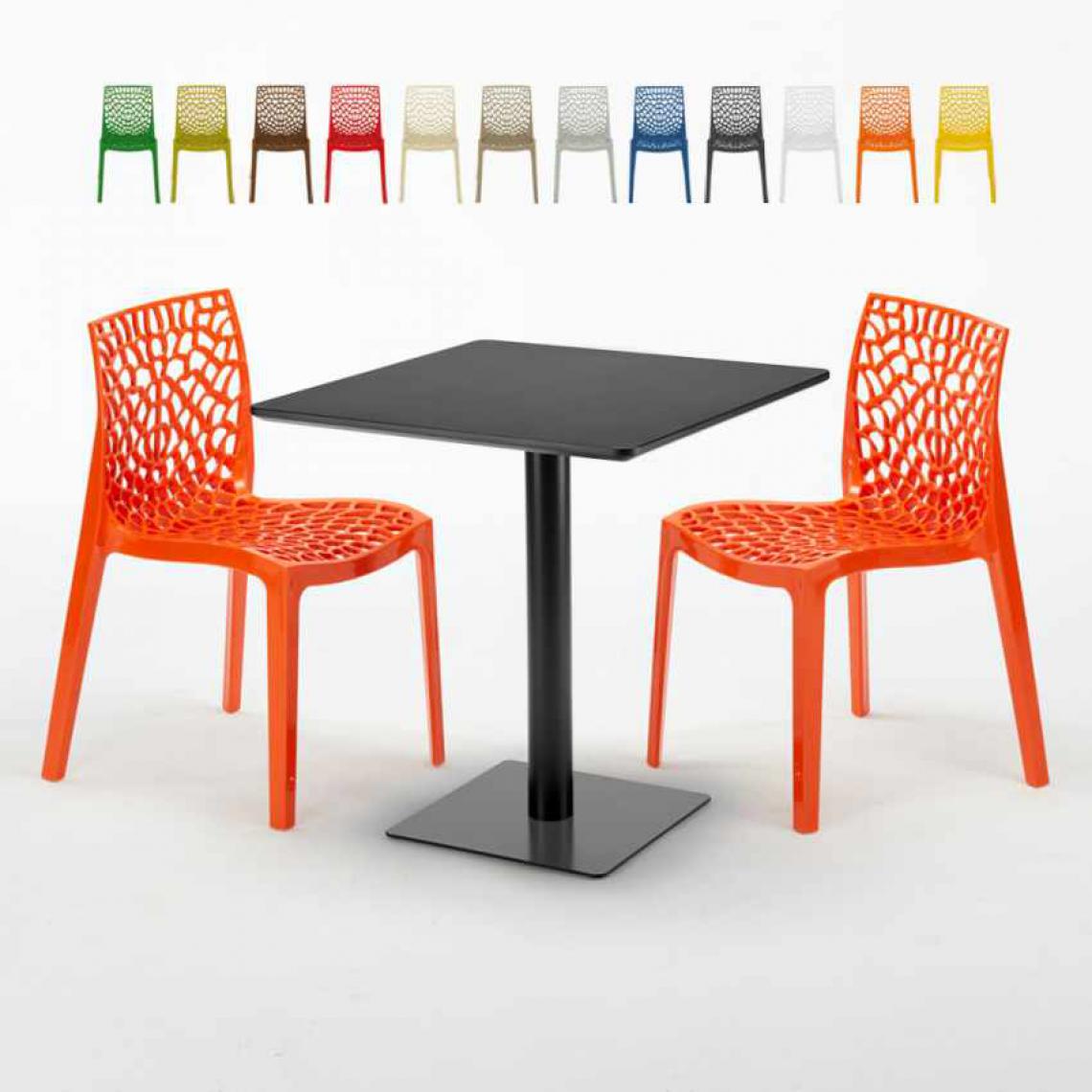 Grand Soleil - Table carrée noire 70x70 avec 2 chaises colorées Gruvyer Kiwi, Couleur: Orange - Tables à manger