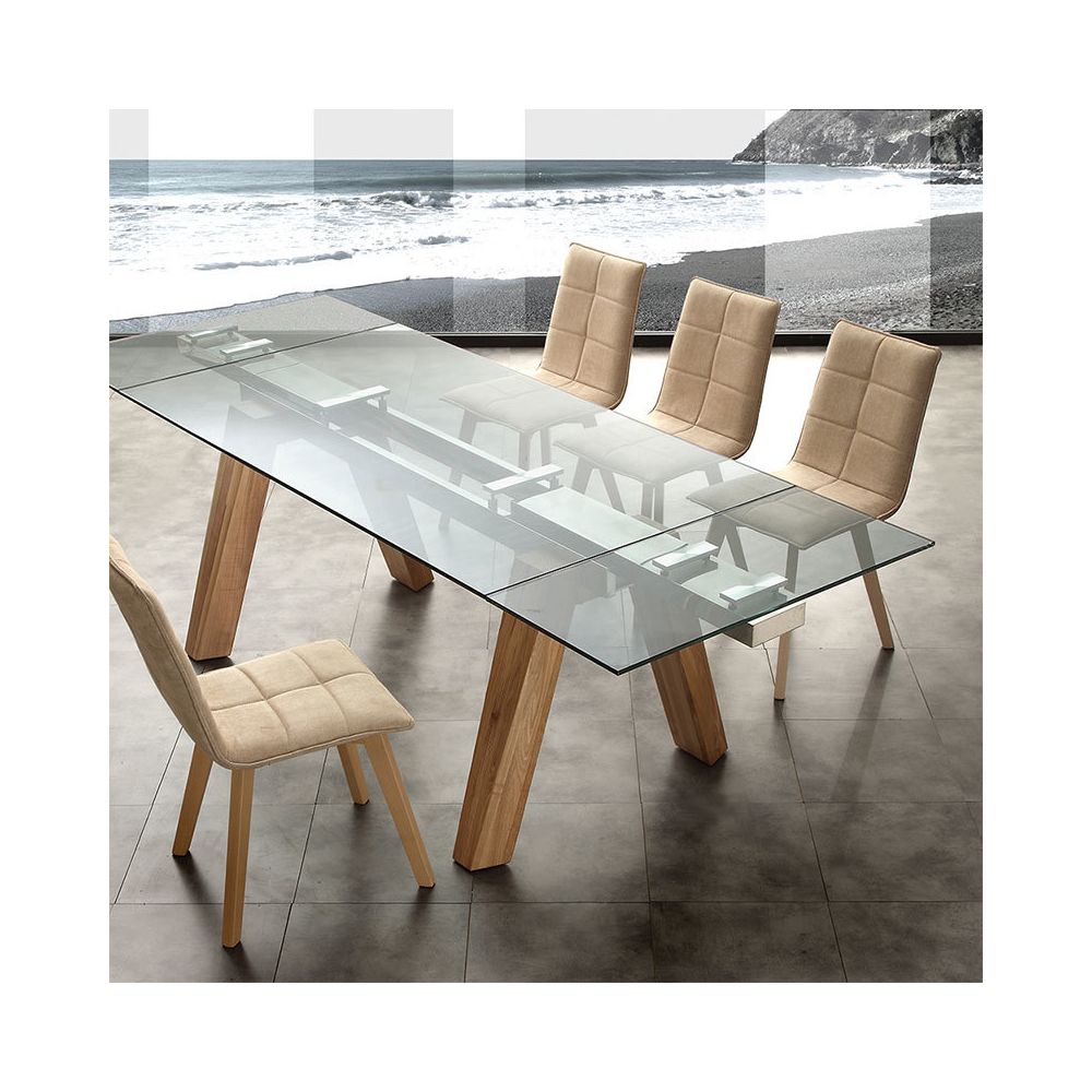 Nouvomeuble - Table extensible en bois clair et en verre design CARLA 3 - Tables à manger