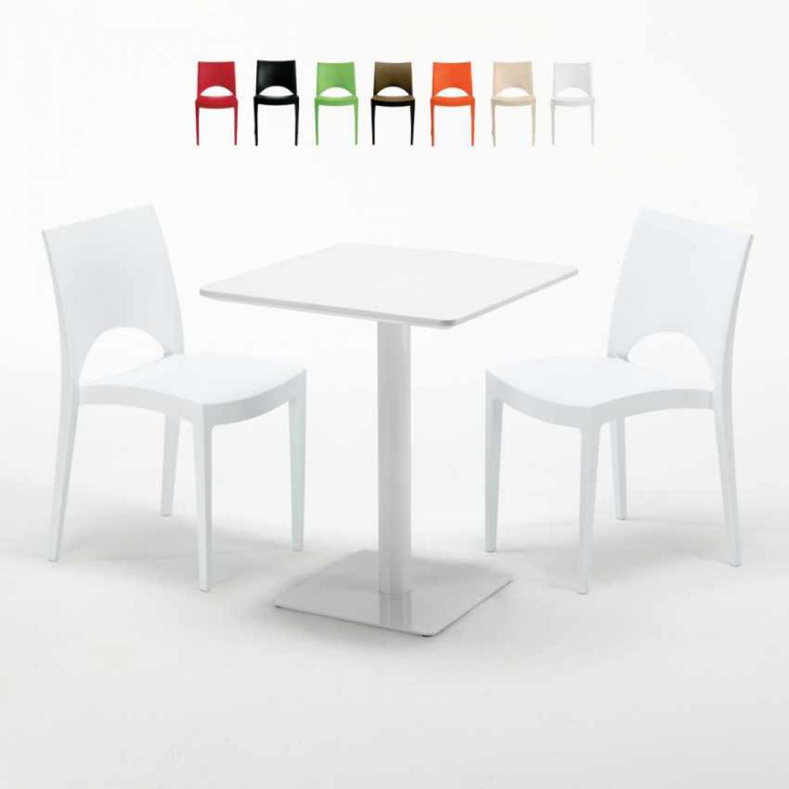 Grand Soleil - Table carrée 60x60 blanche avec 2 chaises colorées Paris Lemon, Couleur: Blanc - Tables à manger