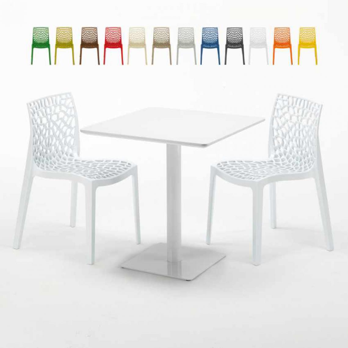 Grand Soleil - Table carrée 70x70 blanche avec 2 chaises colorées Gruvyer Meringue, Couleur: Blanc - Tables à manger