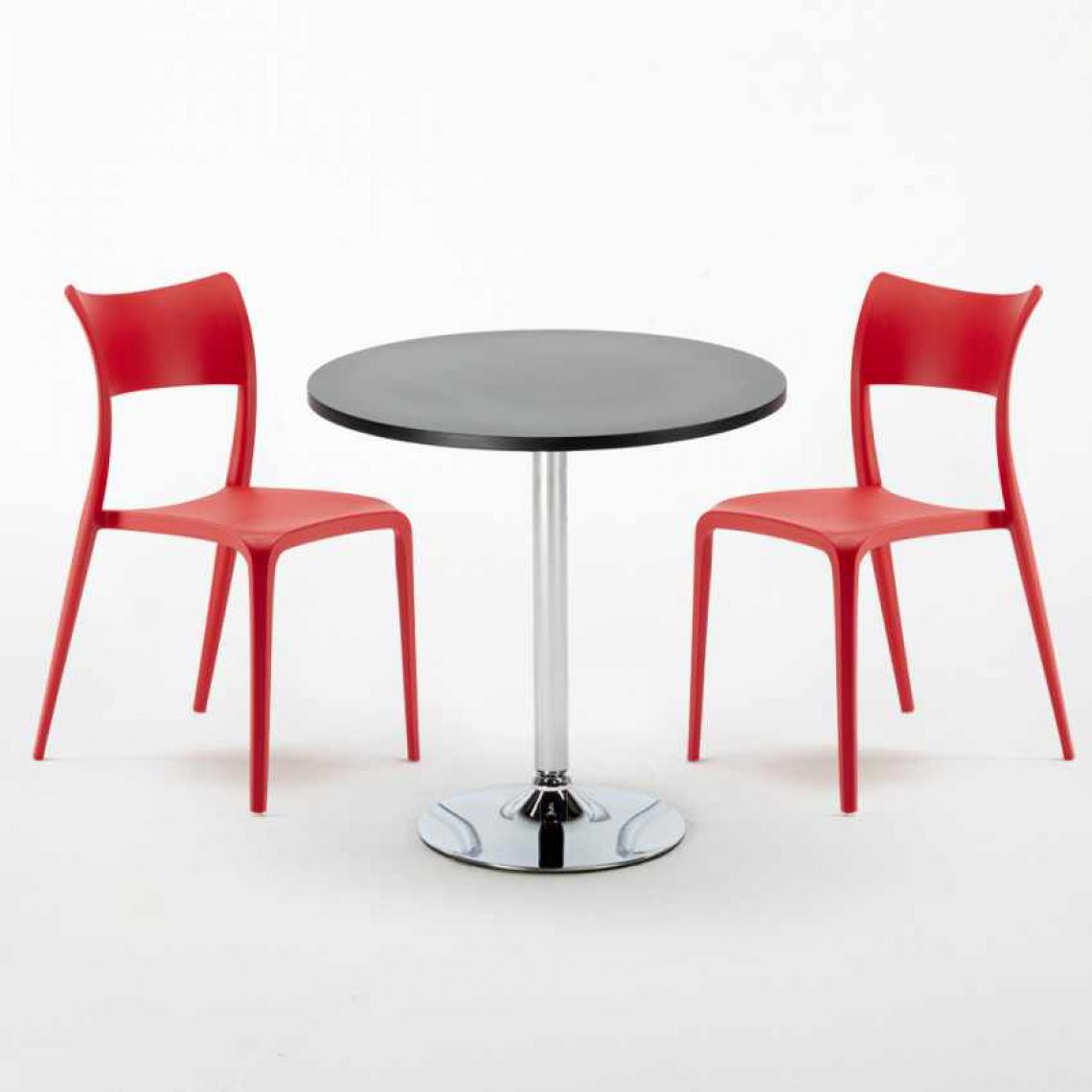 Ahd Amazing Home Design - Table Ronde Noire 70x70cm Avec 2 Chaises Colorées Set Intérieur Bar Café Parisienne Cosmopolitan, Couleur: Rouge - Tables à manger