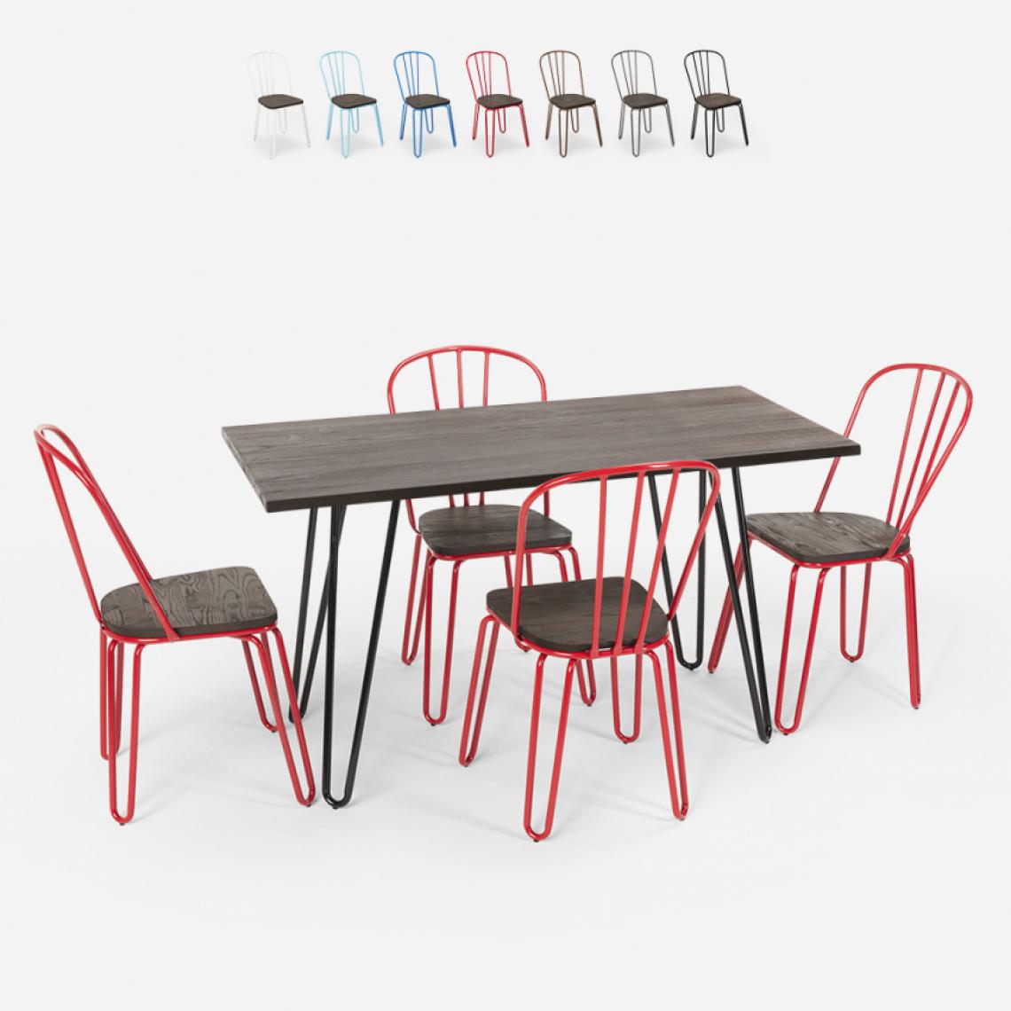 Ahd Amazing Home Design - Set de table rectangulaire 120x60 avec 4 chaises en bois et acier design industriel Tolix Magis, Couleur: Rouge - Tables à manger