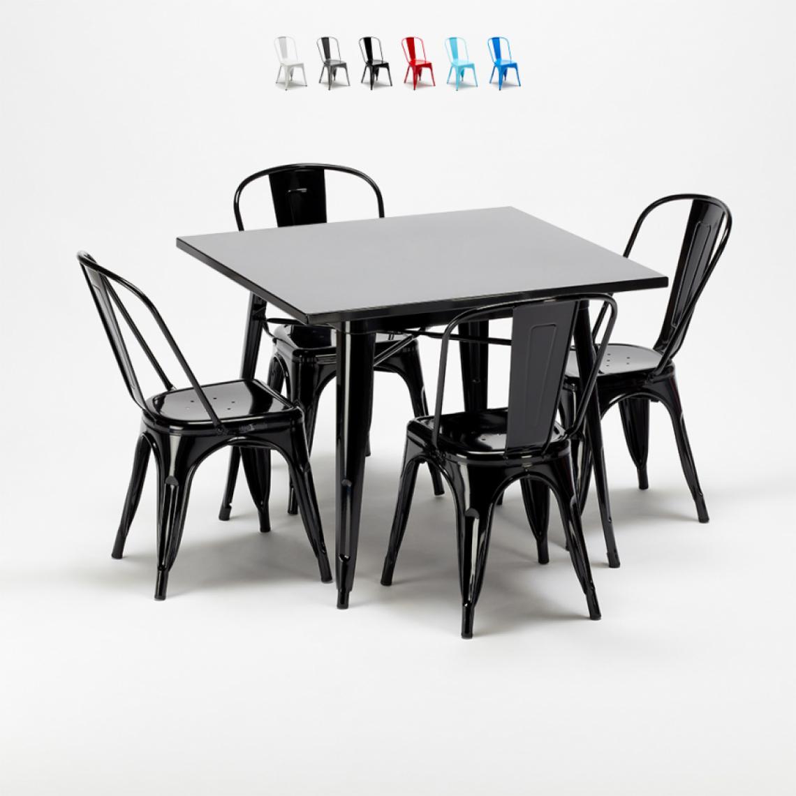 Ahd Amazing Home Design - Ensemble table et chaises carrées en métal Tolix style industriel Soho, Couleur: Noir - Tables à manger