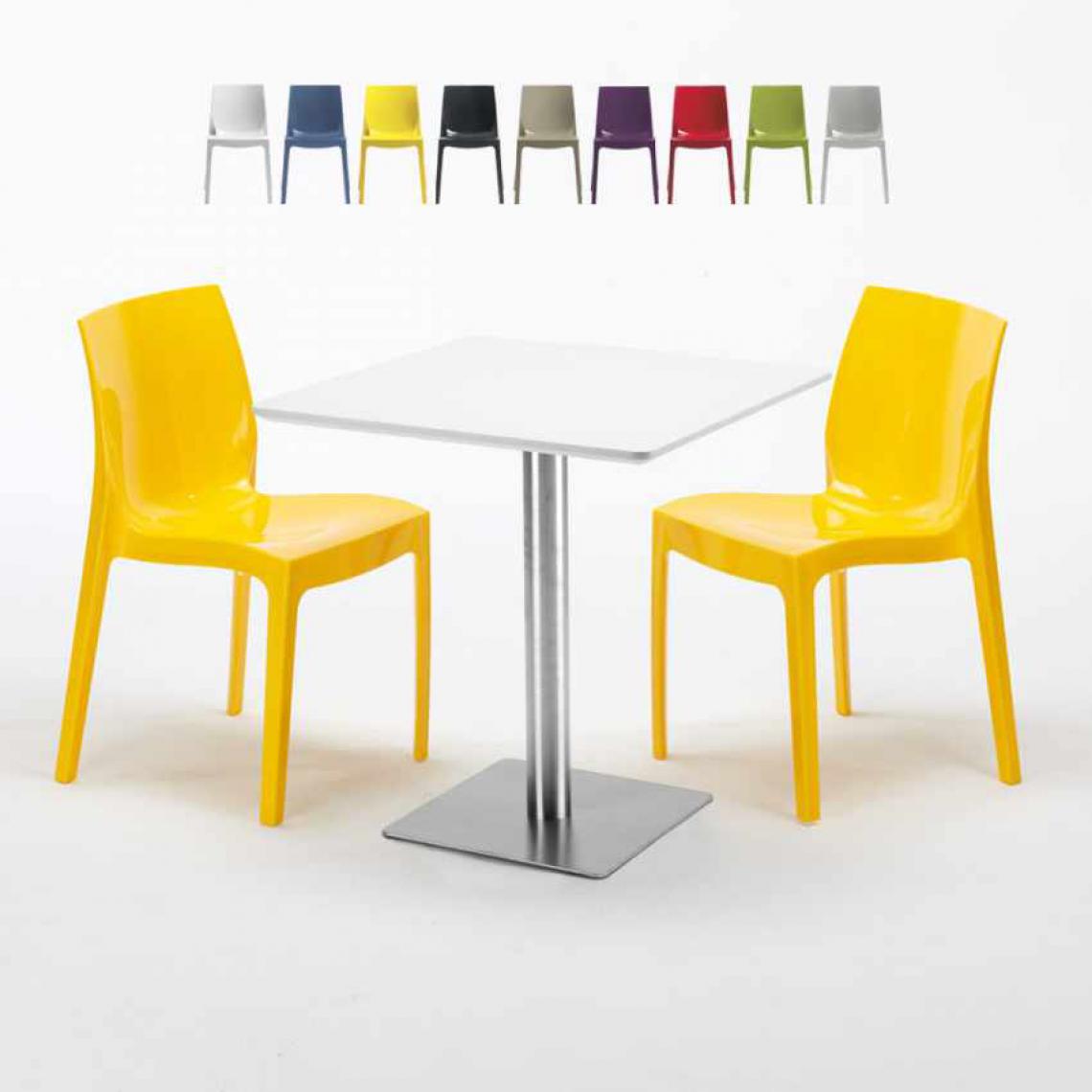 Grand Soleil - Table carrée blanche 70x70 avec pied en acier et 2 chaises colorées Ice Strawberry, Couleur: Jaune - Tables à manger
