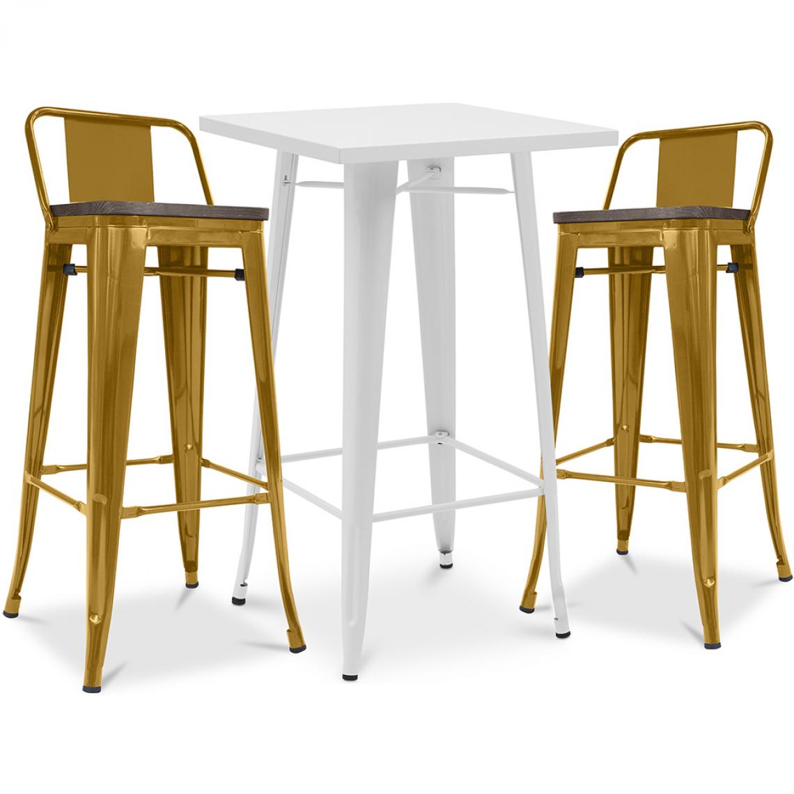Iconik Interior - Table de bar blanche + 2 tabourets de bar en acier mat Ensemble Bistrot Stylix Design industriel - Nouvelle édition Doré - Chaises