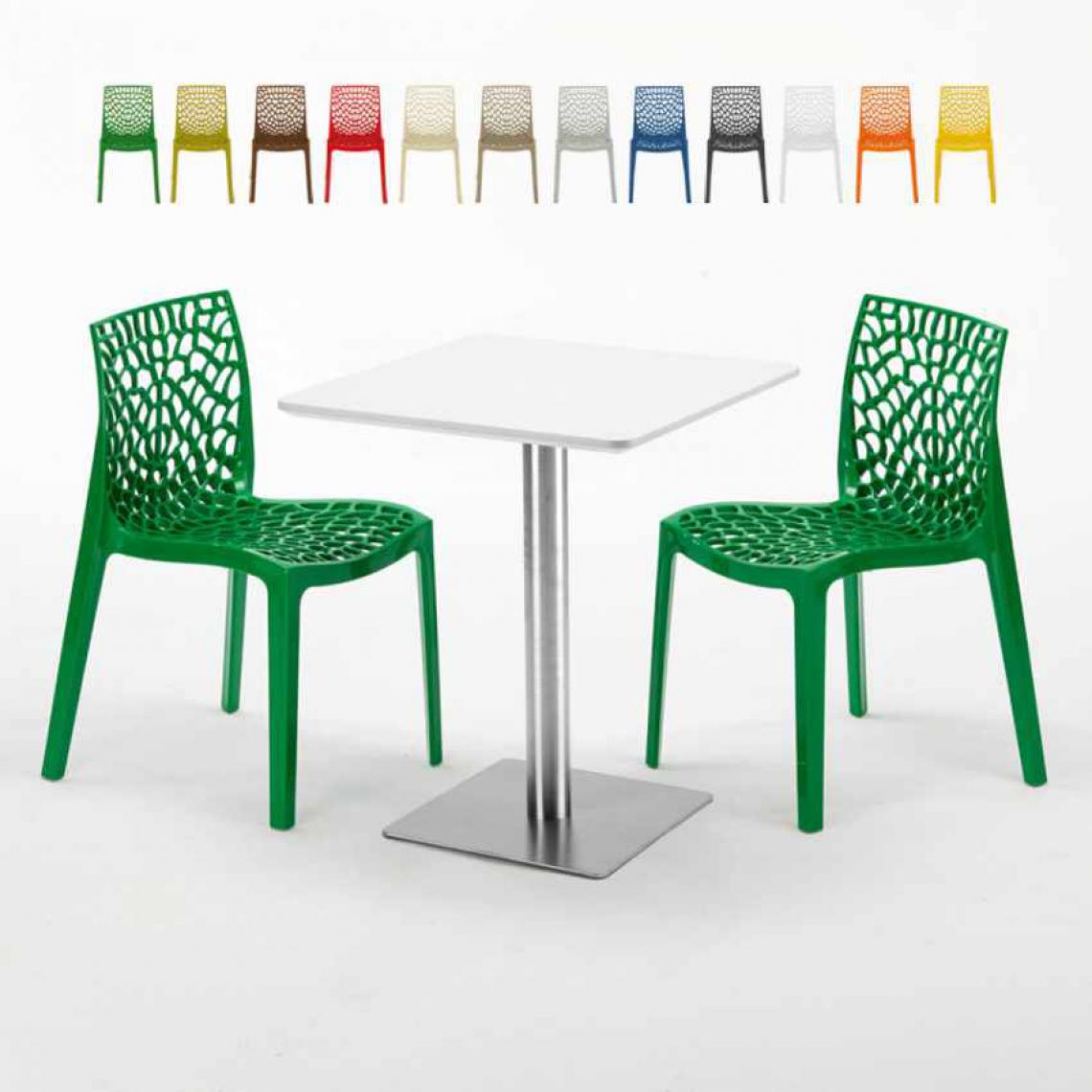 Grand Soleil - Table carrée 60x60 plateau blanc avec 2 chaises colorées Gruvyer Hazelnut, Couleur: Vert - Tables à manger