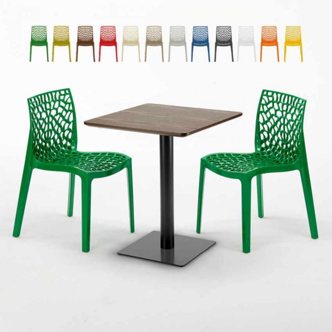 Grand Soleil - Table carrée 60x60 pied noir et surface bois avec 2 chaises colorées Gruvyer Kiss, Couleur: Vert - Tables à manger