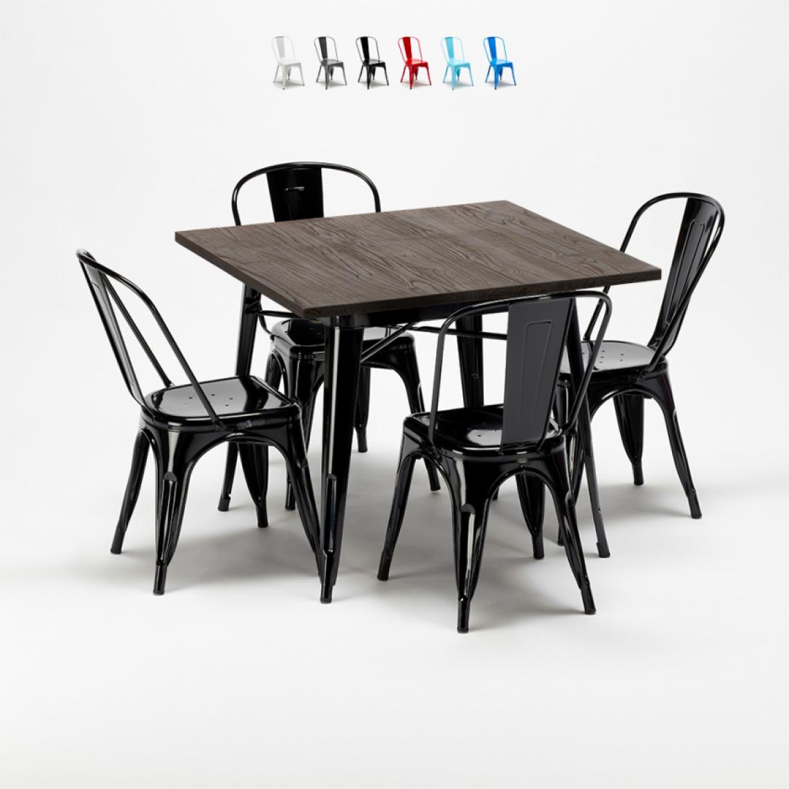 Ahd Amazing Home Design - Set de table carrée en bois et chaises en métal Tolix style industriel West Village, Couleur: Noir - Tables à manger