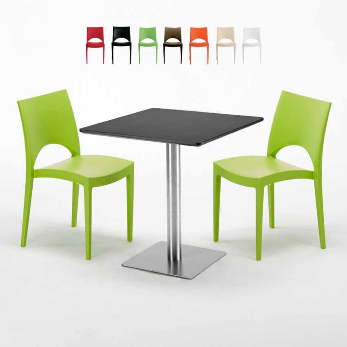 Grand Soleil - Table carrée noire 70x70 avec 2 chaises colorées Paris Rum Raisin, Couleur: Vert - Tables à manger