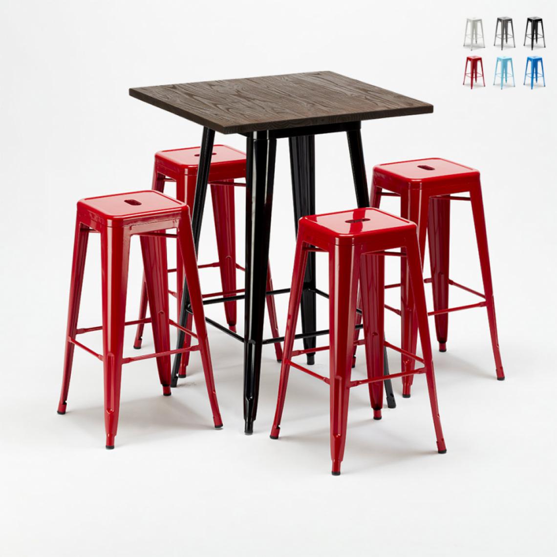 Ahd Amazing Home Design - Ensemble Little Italy table haute et 4 tabourets en métal Tolix style industriel, Couleur: Rouge - Tables à manger
