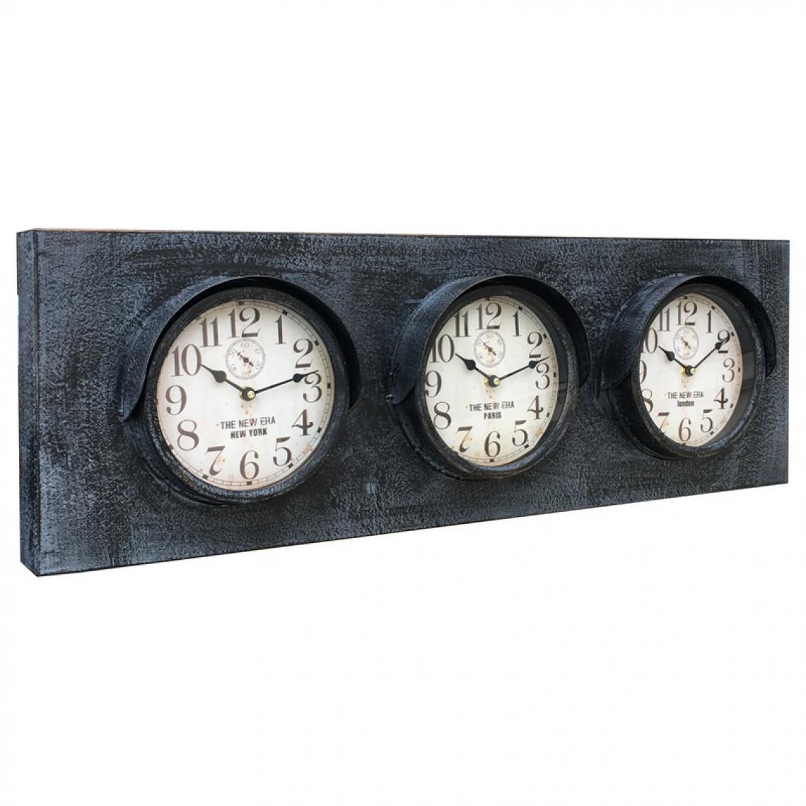 L'Originale Deco - Horloge Industrielle Métal Fer 3 Horloges Fuseau Horaire 90.50 cm x 30 cm - Horloges, pendules