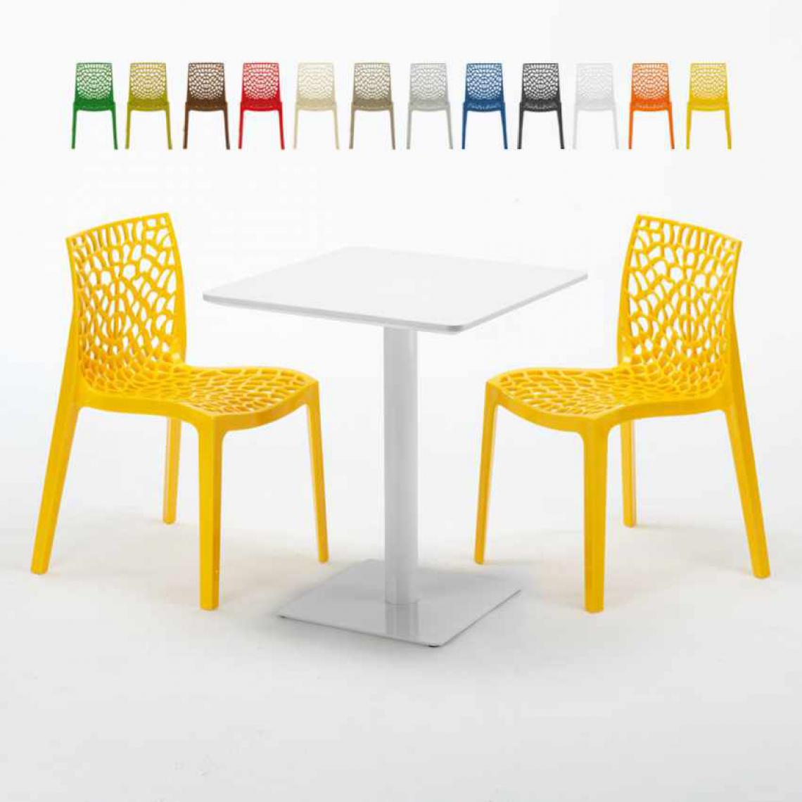 Grand Soleil - Table carrée 60x60 blanche avec 2 chaises colorées Gruvyer Lemon, Couleur: Jaune - Tables à manger