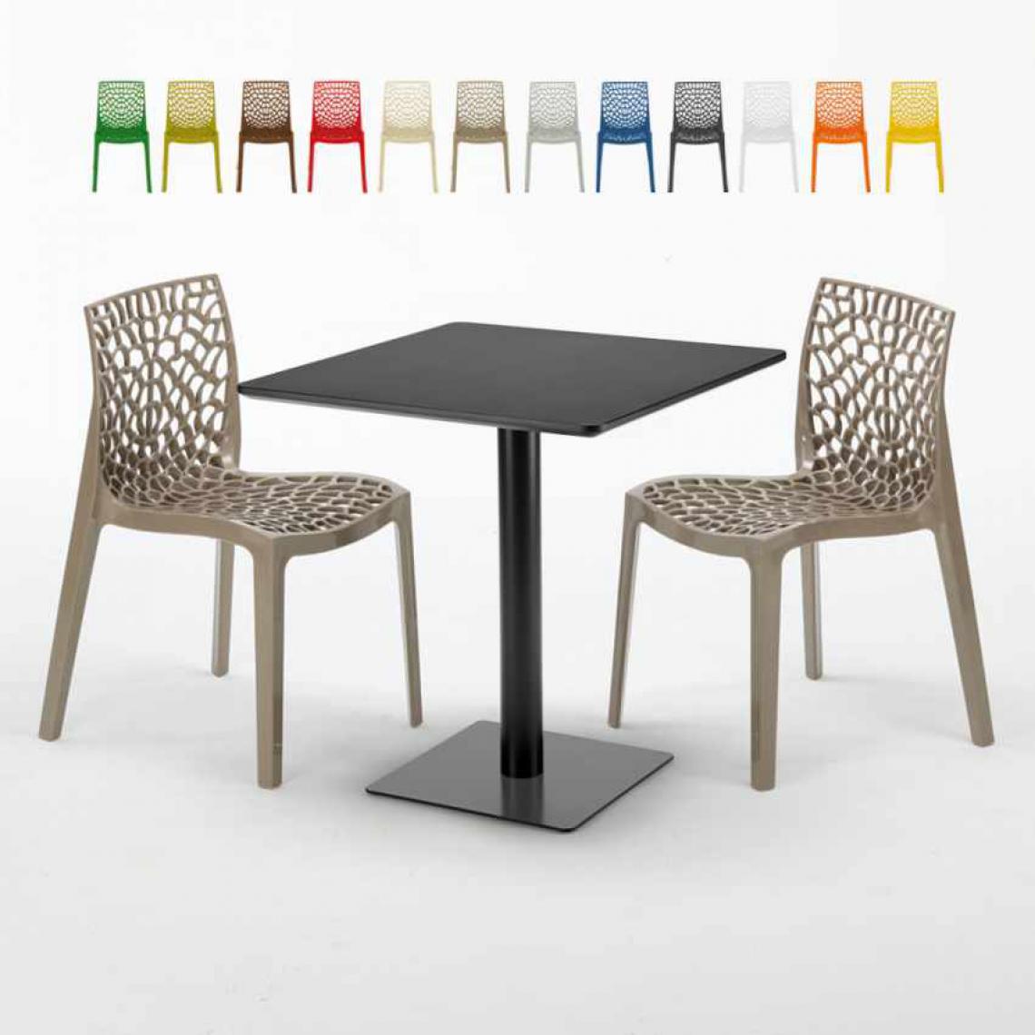 Grand Soleil - Table carrée noire 70x70 avec 2 chaises colorées Gruvyer Kiwi, Couleur: Beige Juta - Tables à manger