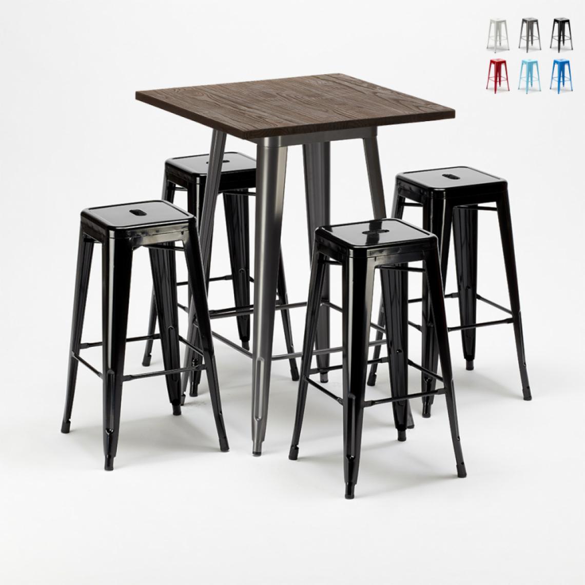 Ahd Amazing Home Design - Ensemble table haute et 4 tabourets en métal Tolix style industriel Williamsburg, Couleur: Noir - Tables à manger