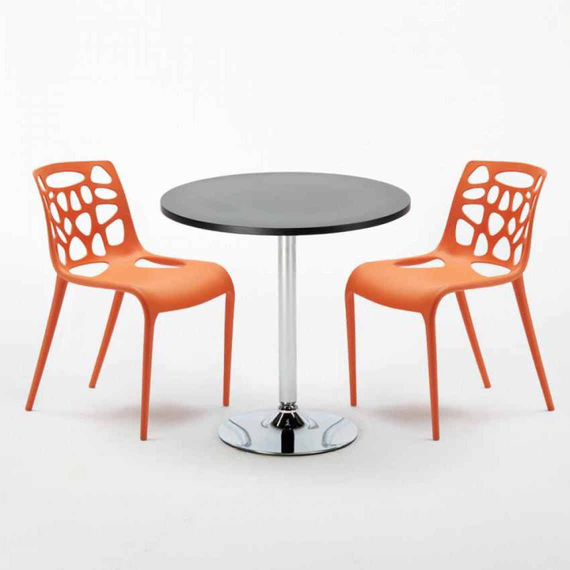 Ahd Amazing Home Design - Table Ronde Noire 70x70cm Avec 2 Chaises Colorées Set Intérieur Bar Café Gelateria Cosmopolitan, Couleur: Orange - Tables à manger