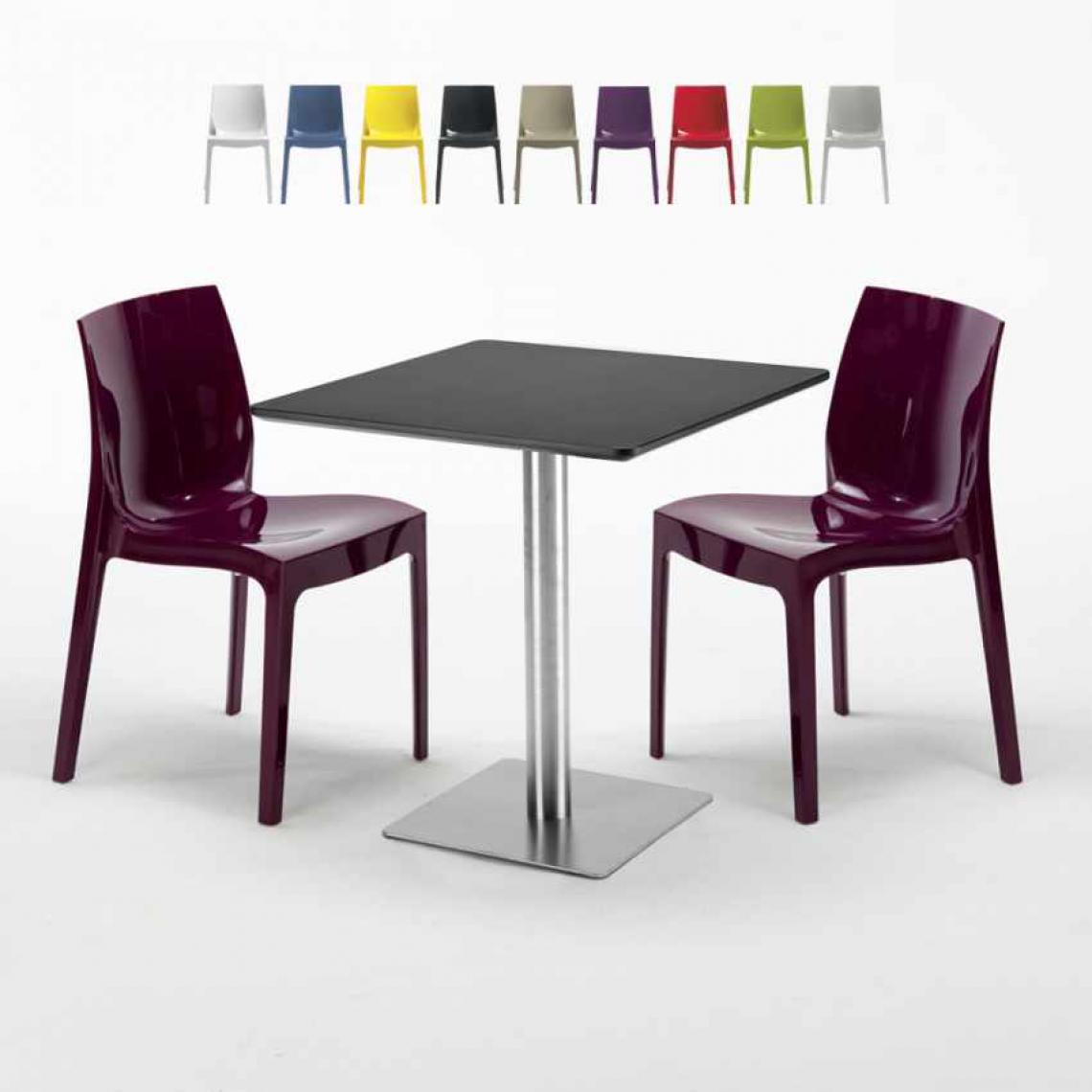 Grand Soleil - Table carrée noire 70x70 avec 2 chaises colorées Ice RUM RAISIN, Couleur: Pourpre - Tables à manger