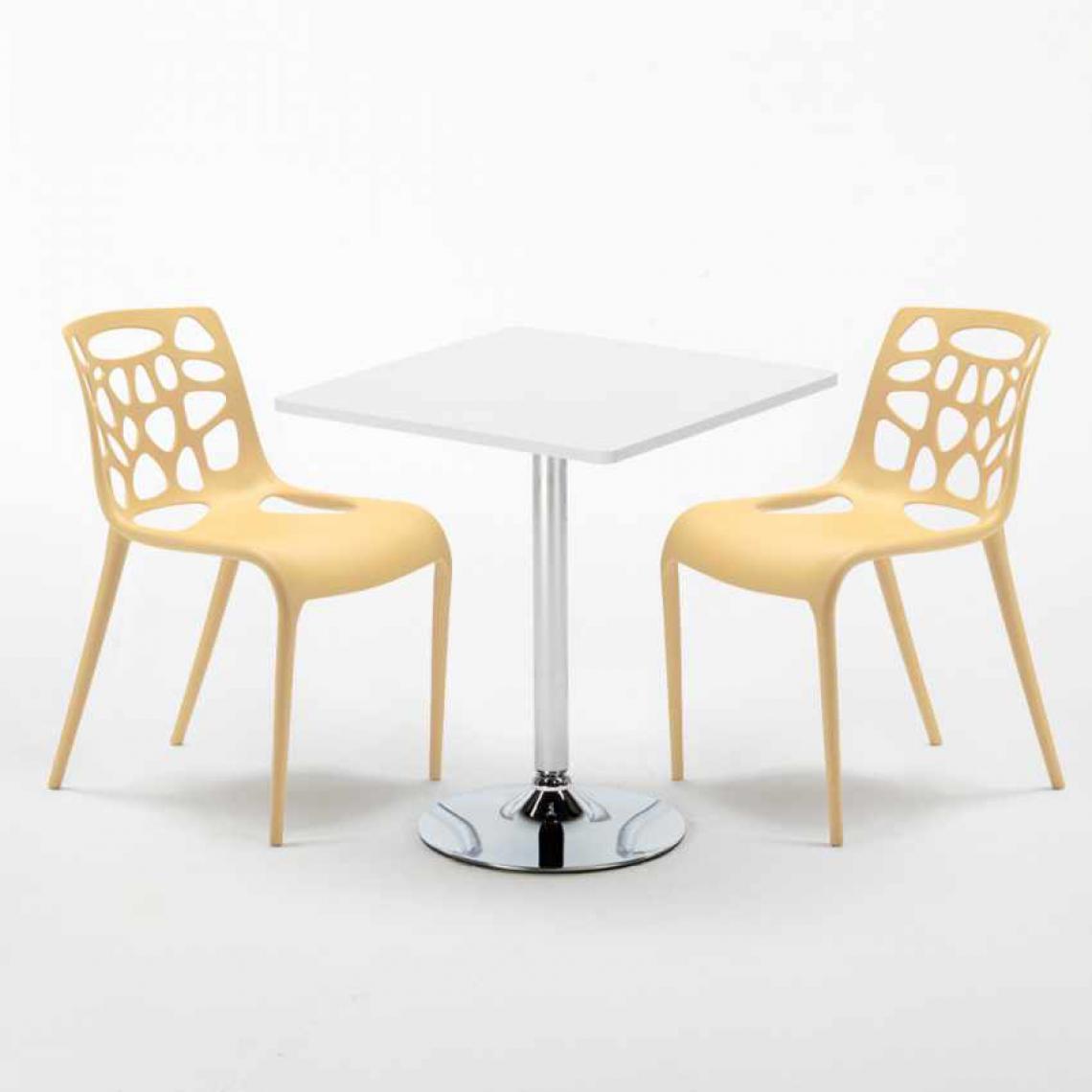 Ahd Amazing Home Design - Table Carrée Blanche 70x70cm Avec 2 Chaises Colorées Set Intérieur Bar Café Gelateria Cocktail, Couleur: Beige - Tables à manger