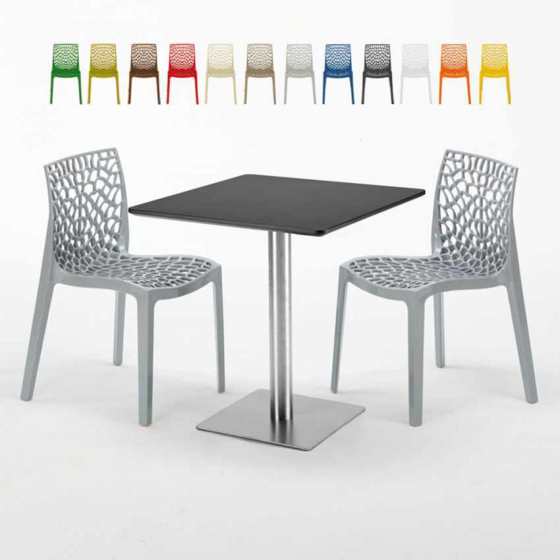 Grand Soleil - Table carrée noire 70x70 avec 2 chaises colorées Gruvyer Rum Raisin, Couleur: Gris - Tables à manger
