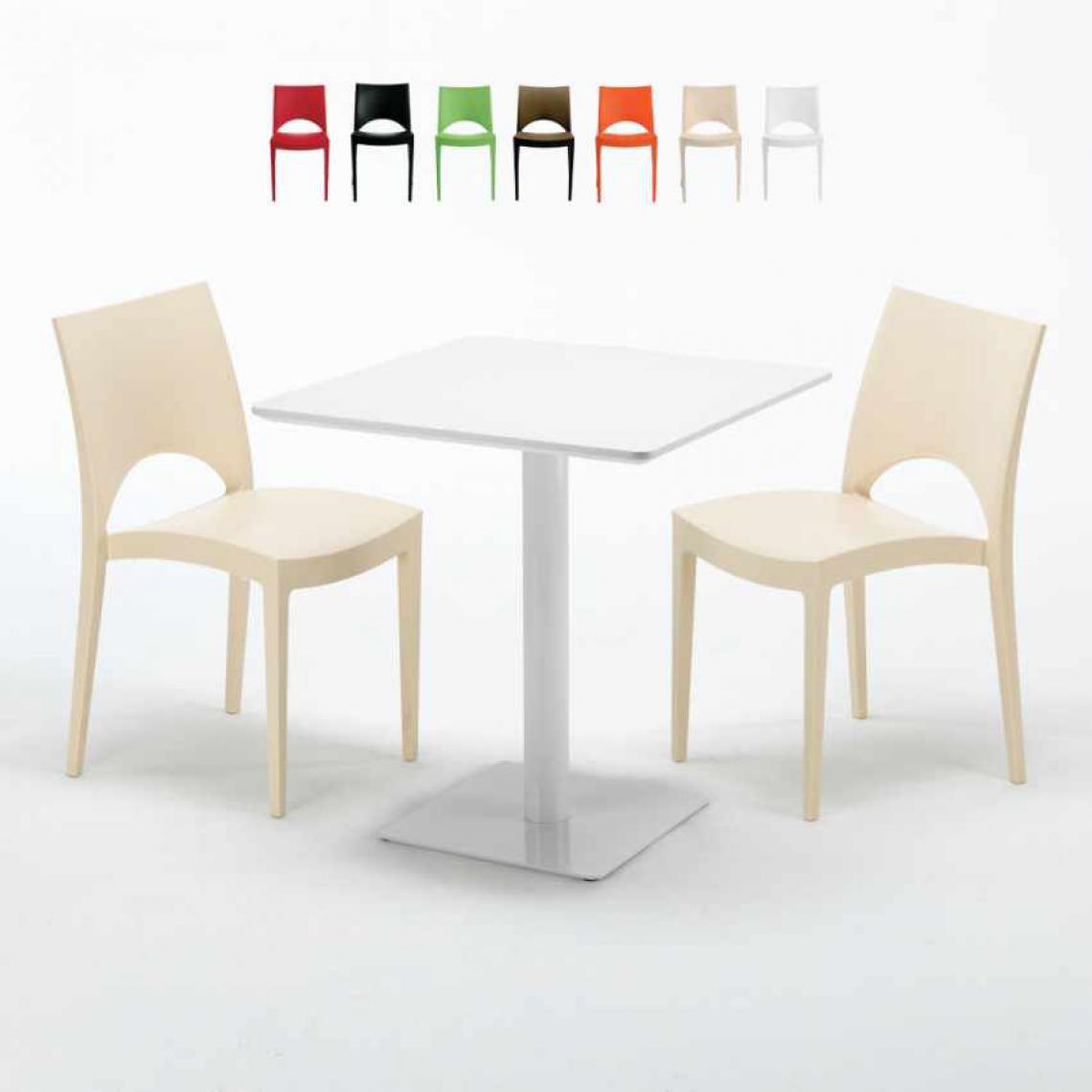 Grand Soleil - Table carrée 70x70 blanche avec 2 chaises colorées Paris Meringue, Couleur: Beige - Tables à manger