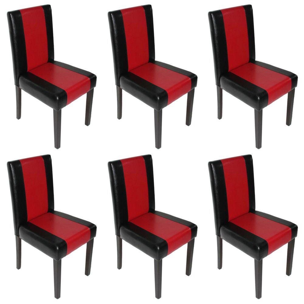 Mendler - Lot de 6 chaises de séjour Littau, simili-cuir, noir/rouge, pieds foncés - Chaises