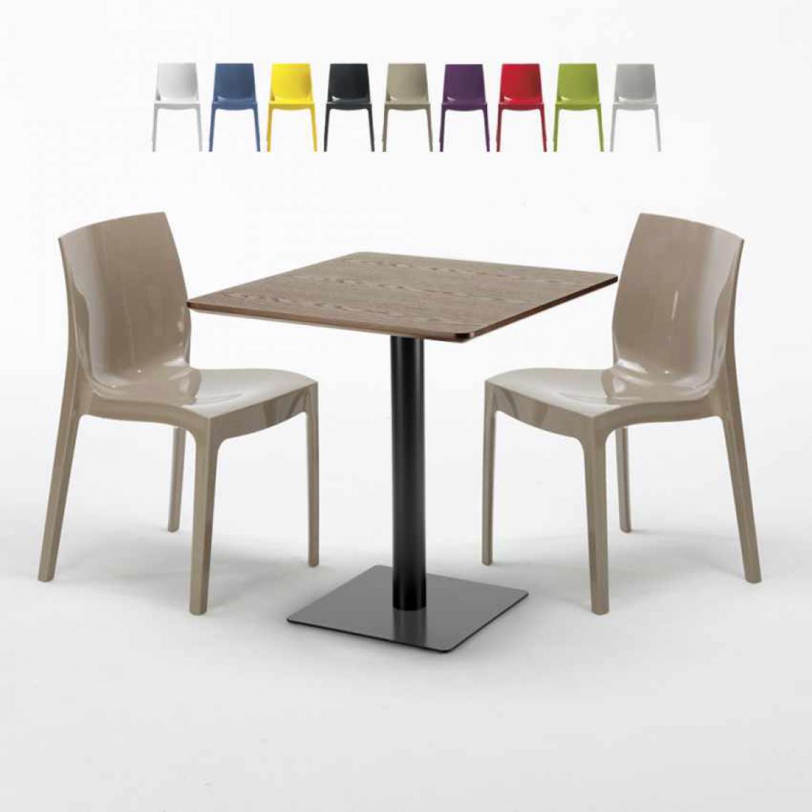 Grand Soleil - Table carrée 60x60 pied noir et plateau bois avec 2 chaises colorées Ice Kiss, Couleur: Beige - Tables à manger